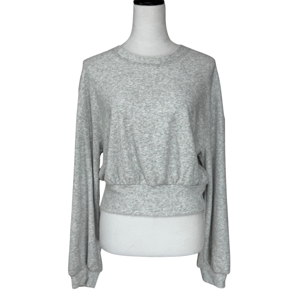 Gilly Hicks Women Sweatshirt M Gray Cropped Balloon Sleeve Elastic Hem Crewneck